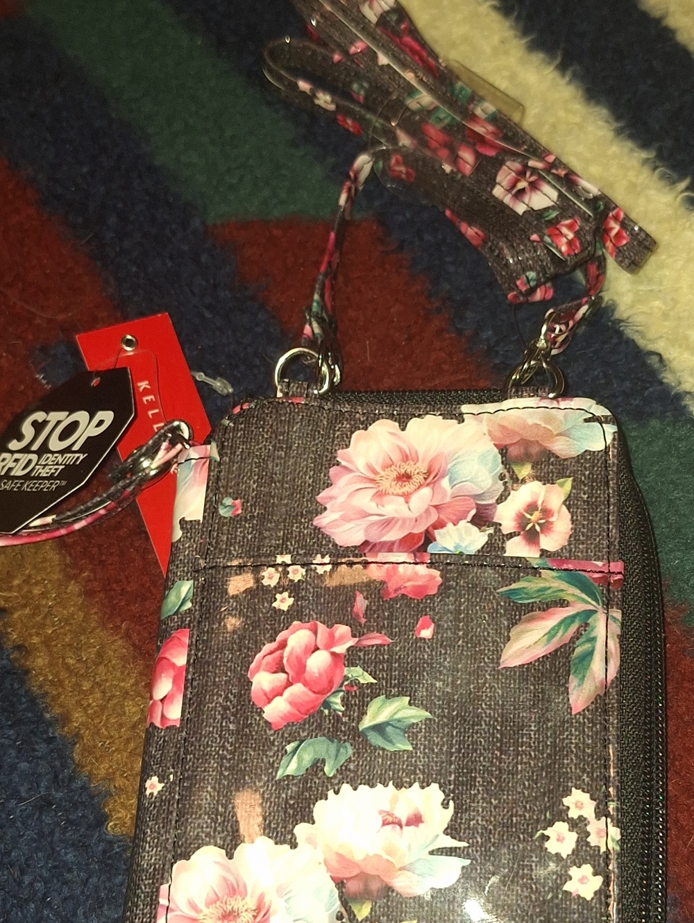 Kelly & Katie Black Floral Wristlet Phone Pouch with Pink Flowers